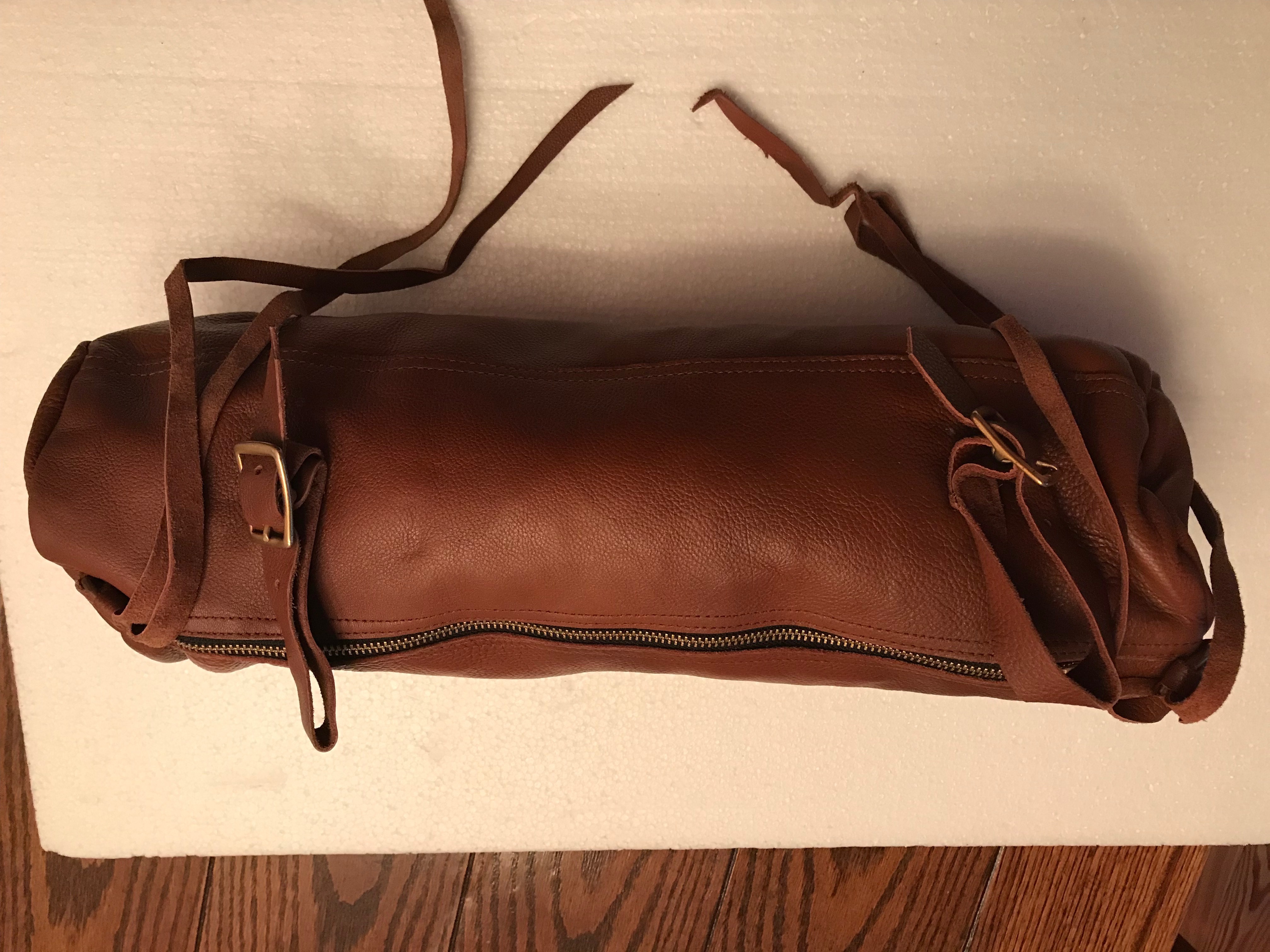 Tan leather rear seat motorcycle bag - Native American Motorcycle