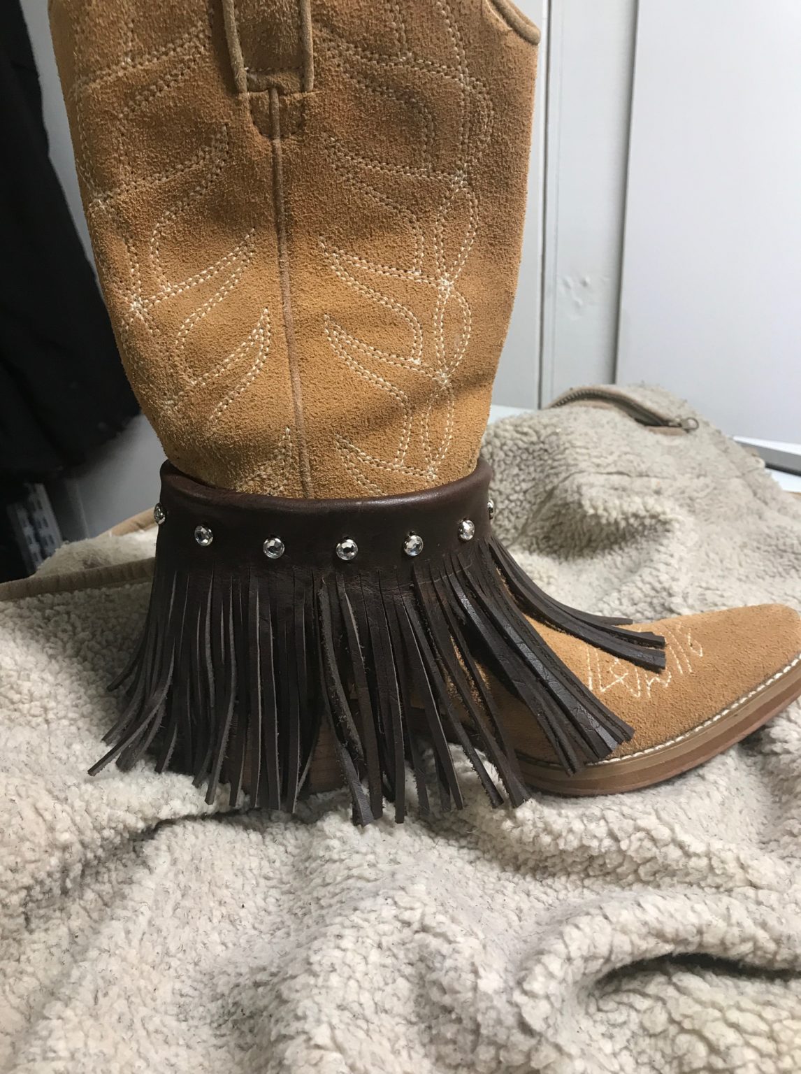Chocolate leather Boot chaps with clear stones - Native American Motorcycle